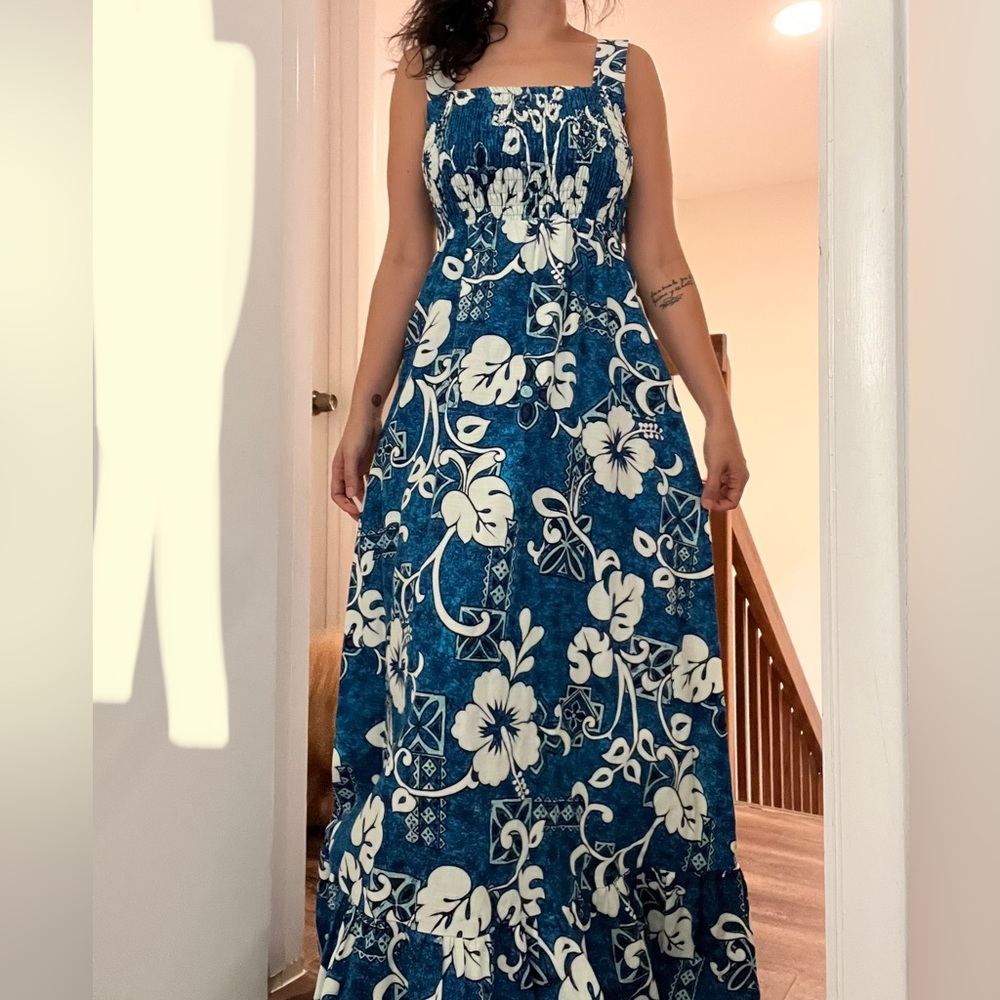 Tropical Floral Maxi Dress in Blue and White